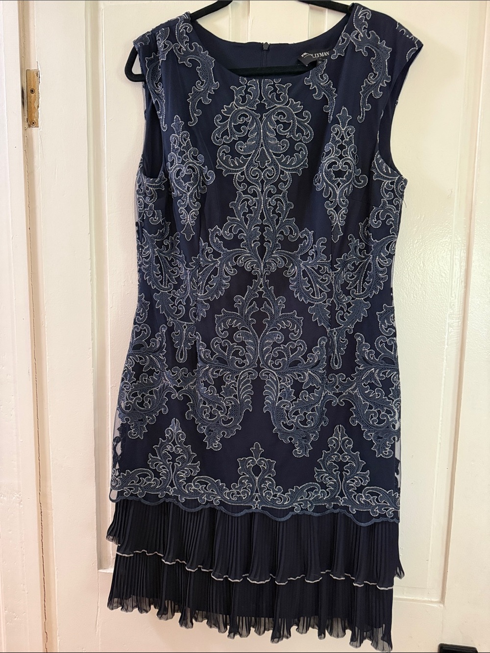 Frank Lyman Design Navy Dress with silver and slate Blue Embroidery